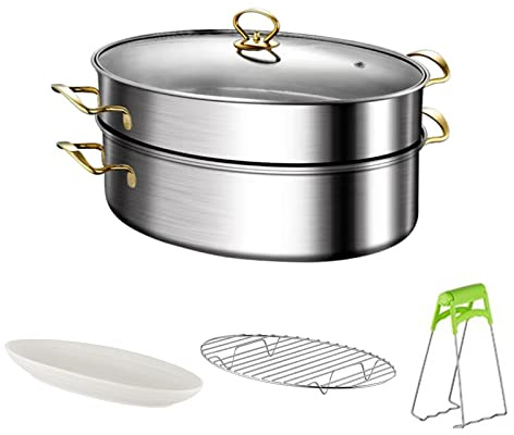 Strapazierfähiger ovaler Fischdampfer aus 304 Edelstahl – Mehrzweck-Elliptisches Fischtopf-Kochgeschirr mit Gestell, Keramikpfanne, Anti-Verbrühungs-Clip, belüfteter Glasdeckel zum Dämpfen von Fisch