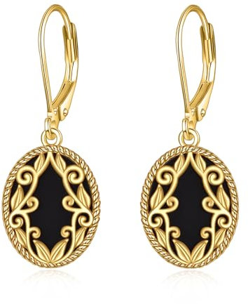 Schwarze Onyx Ohrringe Sterling Silber Oval Drop 18K Gelb Gold Überzogene Filigrane Boho Dangle Schmuck Geschenke für Damen Mädchen