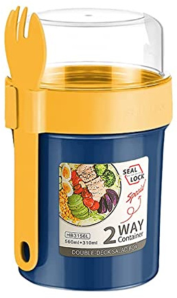 bainuote Salatbecher Auslaufsicherer Joghurtbecher Joghurtbehälter Müsli To Go Becher BPA-freie 2 in 1 Müslibecher zum Frühstück oder Mittagessen für unterwegs mit Löffel Soßendose, 230ml+560ml, Blau