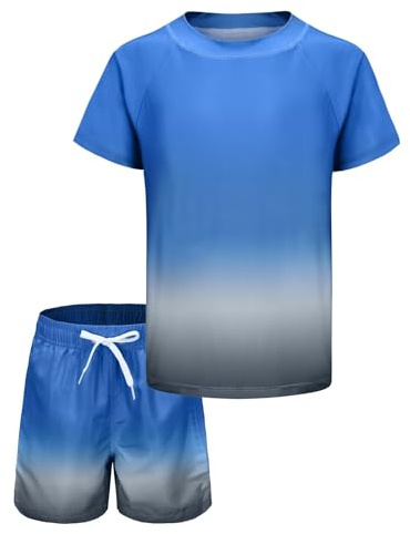 Boys Rash Vest Kids Two Piece Swimming Costume with Board Shorts Short Sleeve Boys Swimsuit Set Age 15-16 Years Blue Grey