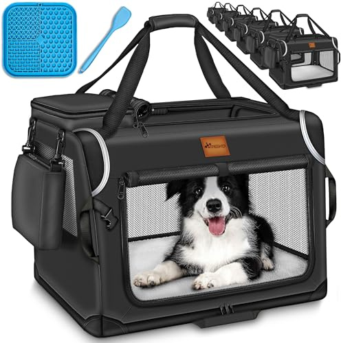 TRESKO® Hundebox faltbar inkl. Leckmatte, Spatel & Reflektoren S 50x34x34cm | Transportbox für Hunde und Katzen | Hundetransportbox Auto für kleine & große Hunde | Hundetasche robust Schwarz