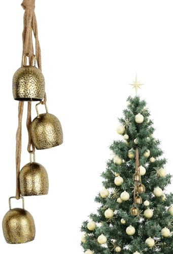 Muzrunq Gold Christmas Bells Vintage 4 Bells Rustic Hanging Cow Bells with Rope Bell for Door Garden Home Christmas Bell Decorations Round Witch Bells 16.5inch