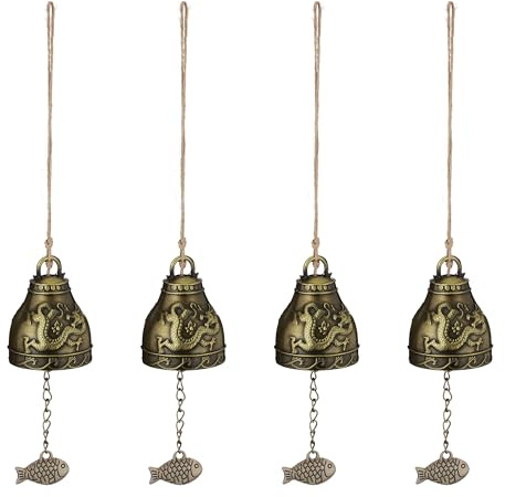 Relaxdays Windspiel Glocken, 4er Set, Feng Shui Glockenspiel, Phönix & Drache Motiv, Garten, Metall, Klangspiel, Gold