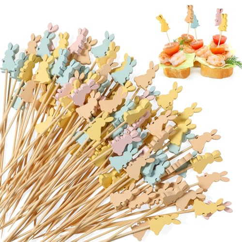 OOTSR 100Pz Palillos de Cóctel de Conejito Colorido, 13,5CM Pinchos Decorativos Cócteles para Pascua, Brochetas de Bambú para Fruta Aperitivos, Picks para Fiestas Sándwiches Bebidas Decoración