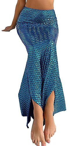 Damen-Meerjungfrauenrock, langer Rock, Strand-Fischschuppendruck, hohe Taille, figurbetonter Hüftrock, eng anliegendes Kleid, Pailletten-Maxirock, blau, M