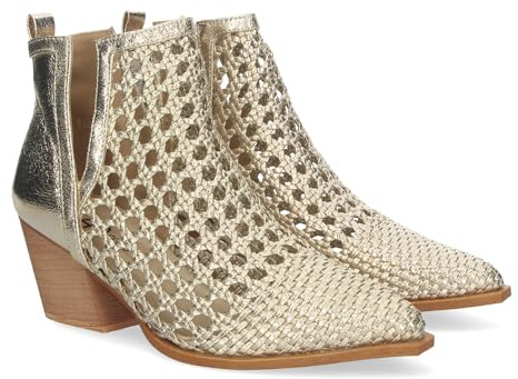 shoes&blues.es 80814-Botin Elegante de Mujer con Tacon, Diseno Calado con Tiras Trenzadas, de Punta Fina, y Abierto por los Dos Laterales para mas Comodidad.. Talla 39 Oro