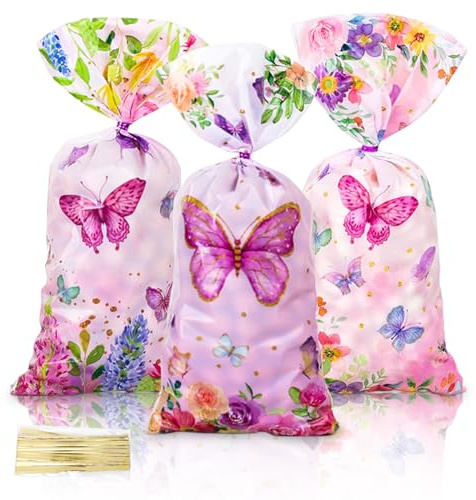 50 st fjärilsgodis personliga blommor små festpåsar, cellofanbehandling presentpåsar för barn festgåvor flickor kvinnor födelsedagsdekorationer, babyshower