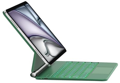 HOU Tastaturhülle für iPad Air 11,Air 5/4. Gen & iPad Pro 11 1/2/3/4. Gen | 135° weit neigbar, glattes AG-Glas-Trackpad, 12 Tastenkombinationen, 7-Farben-Beleuchtung, Bluetooth, QWERTZ, Grün