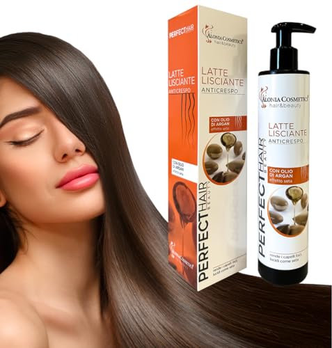 Alonia Cosmetics® 300ml MAXI formato Latte Crema Lisciante Anticrespo Professionale vegano per capelli Effetto Seta, Liscia, Lucida, Protegge, nutre, Arricchito con Olio di Argan e Cheratina