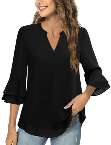 Tee Shirt Femme Manche 3/4 Col V Mousseline Chemisiers et Blouses Femme Chic Et Elegant Hauts Grande Taille Couleur Unie T-Shirts DéContracté Plage Ample Tops à La Mode Loisirs Quotidiennes