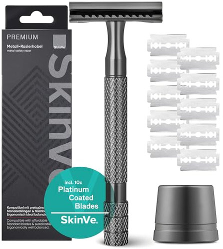 NEU: SkinVe® Premium Rasierhobel mit Ständer in Anthrazit inkl. 10 Rasierklingen I Zero Waste Nassrasierer für Damen und Herren I Sicherheitsrasierer mit 2-seitigem Klingenkopf I Plastikfrei