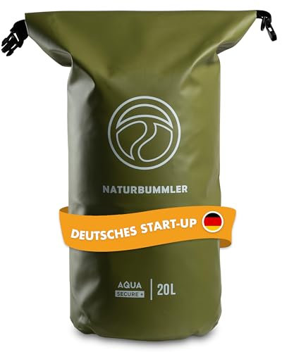 NATURBUMMLER Dry Bag 20L [Aqua Secure+] 100 % wasserdichte Tasche mit Schultergurt & Rucksackfunktion – wasserfester Packsack für SUP, Angeln, Camping & Outdoor – Drybag Beutel (Naturgrün)