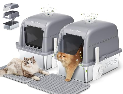MeoWant kattsandlåda i rostfritt stål, 81 liter stor kapacitet, avtagbar trelagers innesluten luktsäker kattsandlåda med högt staket för medelstora och stora katter, grå, 2-pack