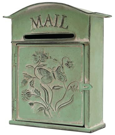 Wall Mounted Mailbox, Post Box Wall Mounted Waterproof Vintage mailbox Antique English Cast Mailboxes with Loackable Latch Retro Mail Post Box for Home/Outdoor Decoration,26 * 9.5 * 34cm,Green