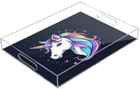 Unicorn Rainbow Hairs Acrylic Serving Trays, Clear Rectangular Tray with Handles Serving Platter for Coffee Table Kitchen Bathroom