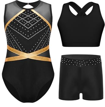 Yruioon 3 Stück Mädchen Turnanzug Ärmellos Gymnastikanzug Streifen Gymnastik Leotard + Sport BH Tops + Shorts Turnen Gymnastik Kleidung