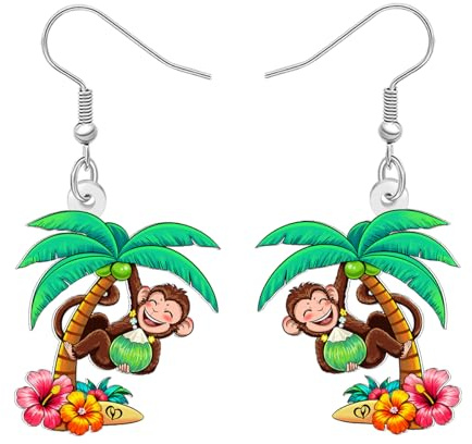 DUOWEI Boucles d'oreilles Singe Mignon Acrylique Hawaïen Fleur Tropicale Palmier Cocotier Bijoux d'été Cadeaux de Plage pour Femmes Filles Amateurs d'Animaux (Vert)