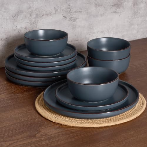 Richmount Mercury Plates and Bowls Sets, Speckled 12-Piece Plate Set, Stoneware Dinner Set for 4 with Dinner Plates, Dessert Plates, Cereal Bowls, Microwave & Dishwasher Safe, Charcoal Grey
