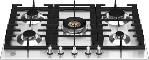 F.LLI BERTAZZONI, MODERN, P755CMODX, Piano Cottura Gas 5 Fuochi, Griglie Ghisa, Manopole Metallo Ergonomiche, Bordo Inferiore Semifilo, INOX, MISURE in cm 75x52 (Foro 56x48)