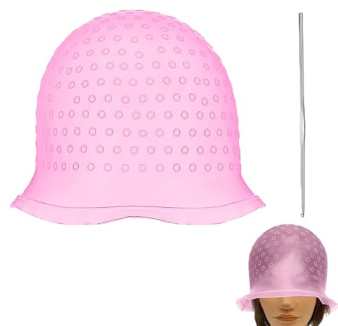 Silikon Strähnenhaube mit Stahlnadel,Haar Kappe Strähnchenhaube,Haare Friseur Strähnenhaube,Strähnchen Set,Strähnen Selber Machen Wiederverwendbar für Professional Salon und Haus Haarefärben (Rosa)