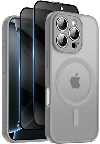 Qasyfanc for iPhone 16 Pro Max Case, Privacy Screen Protectors X2, Grey | Compatible with MagSafe, Camera Protection, 15FT Military Drop Protection, Translucent Matte Shockproof Phone Cover
