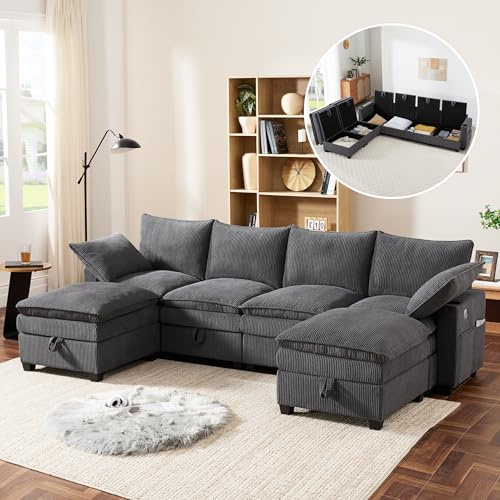 Moderno sofá en Forma de L con tapizado de Pana, reposapiés Desmontable, Puertos USB, Compartimentos de Almacenamiento y portavasos, Ideal para Salas de Estar, Apartamentos y Espacios (Gris)