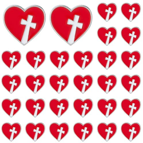 SUPERFINDINGS 30 Stück Kreuz Anstecknadeln Großpackung Roter Herz Broschen Religion Christliches Emaille Kreuz Reversnadel Metall Abzeichen Brosche Krawattennadeln Geschenk für Kirche Beerdigung