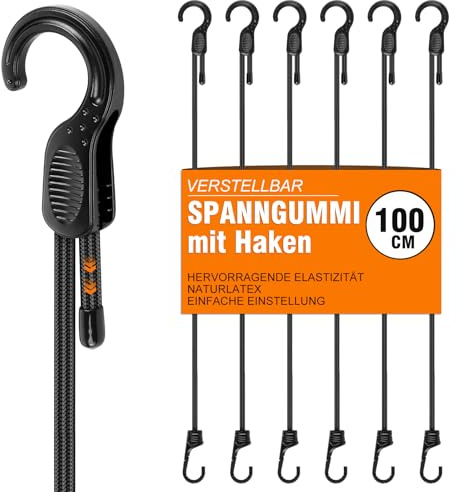 Verstellbar Spanngummi Mit Haken 100 cm, 6 Stück Robuste Expander Gummiband Mit Haken Ladungssicherung für Camping, Sonnensegel, Tarpaulins, Abdeckplane Fahrrad, Auto, Dachträger