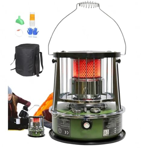 9000 BTU Stufa a Petrolio Da Interno Riscaldamento a Stoppino Serbatoio Da 4,6 Litri Riscaldamento Di Emergenza Senza Elettricità Riscaldatore per Campeggio,Emergenze,militarygreen-completeset