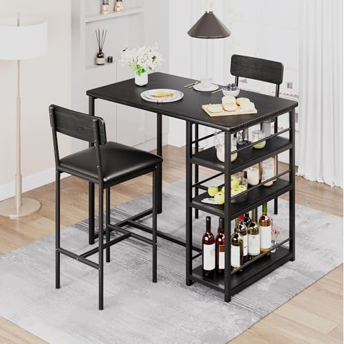 2 Seater Dining Table and Chairs Set, Kitchen Breakfast Bar Table Set with 2 Upholstered Chairs and 3-Tier Storage Shelves, Kitchen Table Set for Small Space, Apartment, Dining Room, Bistro, Black