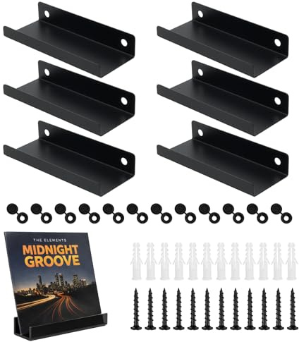 RowGlow 6pcs Soporte Discos de vinilos Pared Metal Negro Dimensiones 10 x 3,8 x 1,7 cm, Expositor Estante Colgar Vinilo Pared para Fotos CD Libros(Metal​)