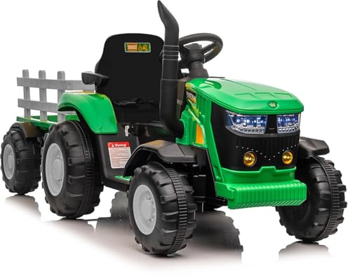 Elektrisk traktor för barn 12 V med släpvagn - 2 kraftfulla motorer 35 W, elektrisk bärarleksak för barn, 3–8 år, grön