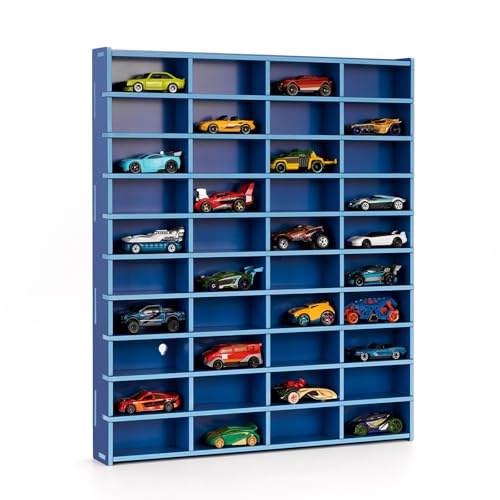 Krafetto Display Regal Setzkasten für 40 Modellautos, Wandmontage, Blau | Autos Vitrine und Organizer für Spielzeugautos; zur Wandmontage und übersichtlichen Sammlung.
