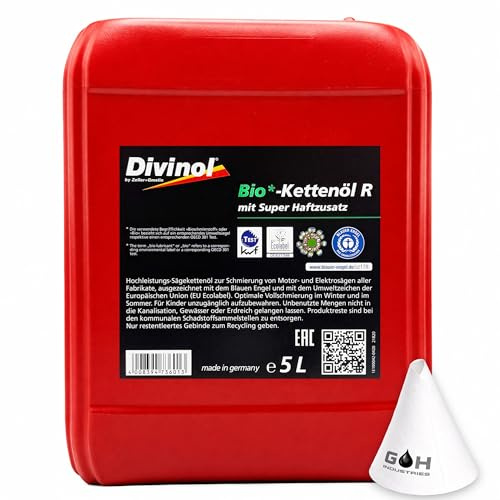 Divinol Bio Kettenöl R | 5 L | biologisch abbaubares Sägekettenöl | haftstark für Motorsägen | Artnr. 21820 | Kettensägen Forstgeräte mit Trichter