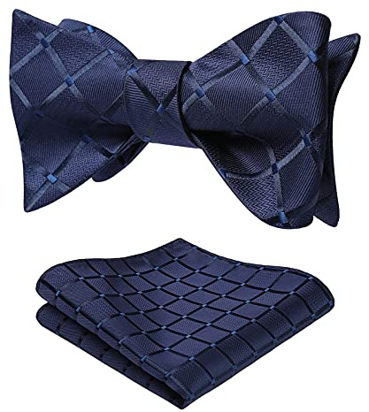 HISDERN Fliege Herren und Einstecktuch Set Anzug Smoking Schleife Selbstbindende Karierte Fliegen Navy Blau mit Taschentuch Hochzeit für Männer