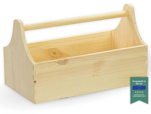 LAUBLUST Werkzeugkiste aus Holz - Werkzeugkasten mit Griff - Natur, 34 x 18 x 20 cm | Werkzeugkoffer leer - Männerhandtasche | Präsentkorb zum Befüllen - FSC®