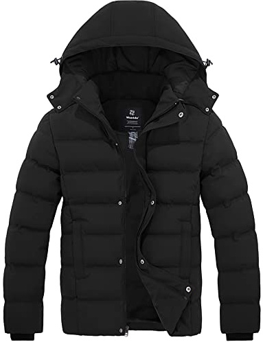 Wantdo Homme Duffle Coat Doublure Manteau Chaud en Coton Manteau à Capuche Détachable Veste Hiver Parka Militaire Slim Fit Noir M