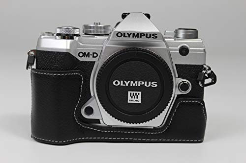 BolinUS EM5 Mark III Hülle, handgefertigt, echtes Leder, Halb-Kameratasche, Tasche für Olympus OM-D E-M5 EM5 Mark III unten Öffnung Version + Handschlaufe (schwarz)