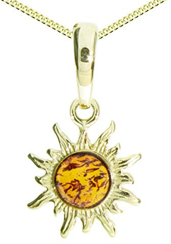 Kette mit Anhänger - Sonne 14 mm - Silber 925/000, vergoldet mit Bernstein