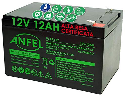12V 12AH Batteria Ricaricabile al Piombo VRLA Faston F2 6.35mm per allarmi antifurti, sistemi di Sicurezza, Batterie di Ricambio per ups USV, Solar, Solarpanel