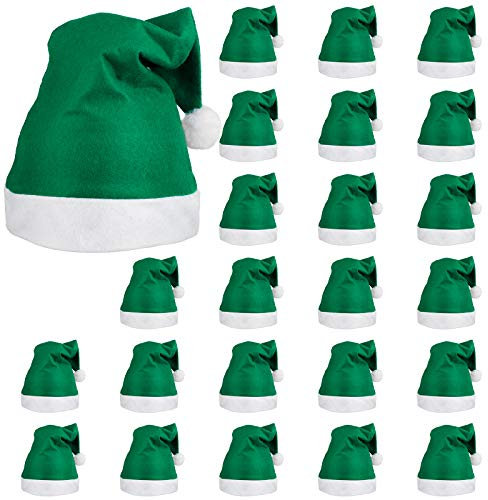 ELCOHO 24 Stück Weihnachtsmannmütze Grün Mütze Kurzer Plüsch mit weißen Manschetten Vliesstoff Weihnachtsmütze Nikolausmütze für Erwachsene