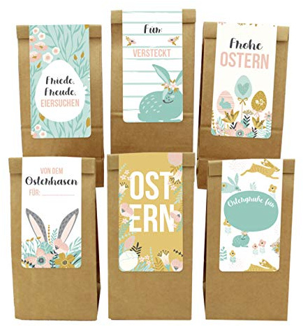 Papierdrachen 12 Ostertüten mit rechteckigen Aufklebern - Motiv Frühling - für Kinder und Erwachsene - Alternatives Osternest zum Befüllen - Set 21