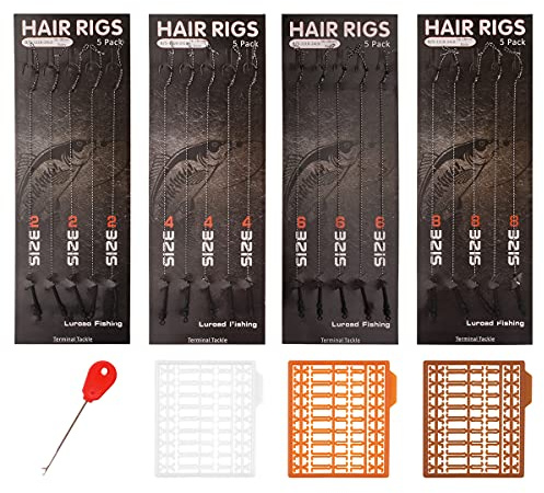 Luroad Karpfenangeln Haar-Rigs, 20-teilig Gebogen Karpfenhaken Mit Widerhaken, Geflochtene Vorfach Mit Boilie Rig, Inklusive 3 Boilie-Stoppers, Größen 2, 4, 6, 8