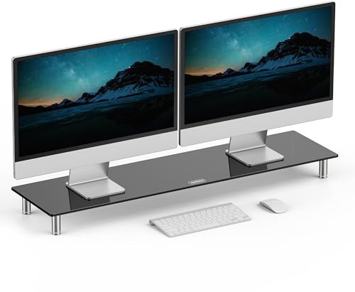VonHaus Black Glass Monitor Stand for Desks, Height Adjustable Dual Screen Riser, 100x26cm Tempered Glass Monitor Stand w/Aluminium Legs, 20Kg Capacity
