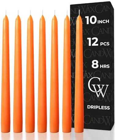 CANDWAX 10 inch Orange Taper Candles Set of 12 — Dripless Unscented Orange Candlesticks for Halloween Decorations, Dinner Table Centerpiece or Thanksgiving Décor