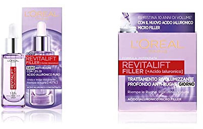 L'Oréal Paris Siero Viso Revitalift Filler Azione Rimpolpante E Anti-Rughe, Altamente Concentrato Con Acido Laluronico & Paris Crema Viso Giorno Revitalift Filler Azione Antirughe Rivolumizzante