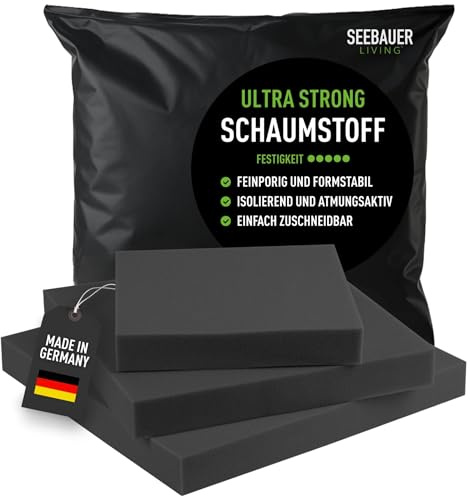 SEEBAUER living Schaumstoff Ultra Strong RG 60/70 (Sehr fest) 200 x 45 x 3 cm Schaumstoffplatte für Polster und Sitzkissen, Polsterschaumstoff als Zuschnitt für Sitzpolster