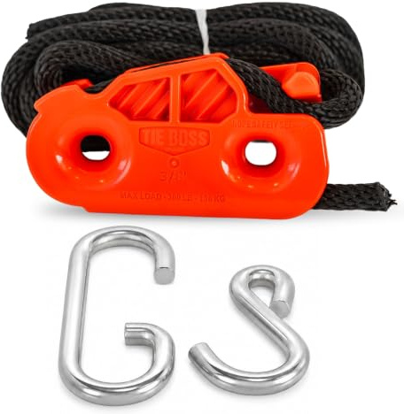 Tie Boss - 3/8 Inch, Heavy Duty, (300 lbs Working Load Limit), Weather Resistant, Tie Down, Rope Tightening System, (w/15 ft Rope) - Orange