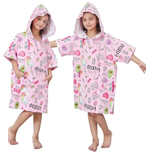 KAKU NANU Albornoz Niña Bata Albornoz de Microfibra Poncho Playa Niño Albornoz Ducha Niño Piscina con Capucha 5 6 7 8 9 10 Años Rosa