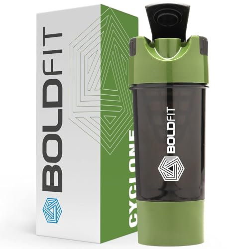 Boldfit Gym Shaker Pro Cyclone Shaker Bottle 500ml with Extra Compartment, Leakproof, Sturdy Ideal for Protein Supplement, Preworkout and BCAAs, BPA Free Sipper Bottle Shaker bottle for Gym Army Green